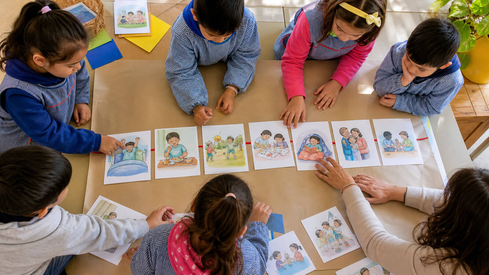 Niños analizan escenas de colaboración y trabajo infantil
