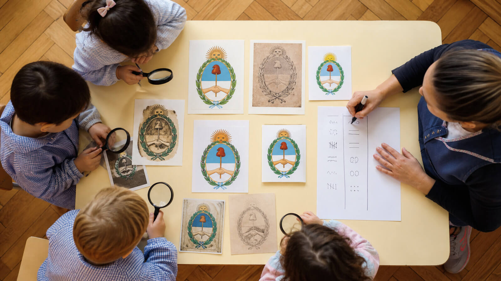 Niños observan reproducciones históricas del Escudo Nacional