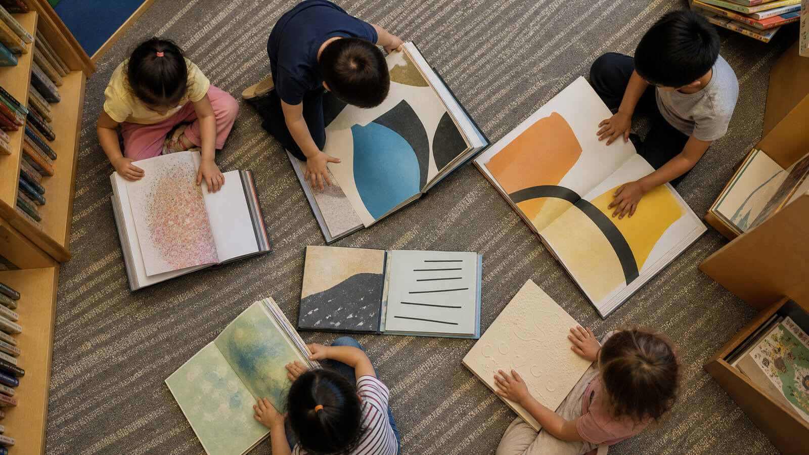 Niños exploran libros de formatos diversos