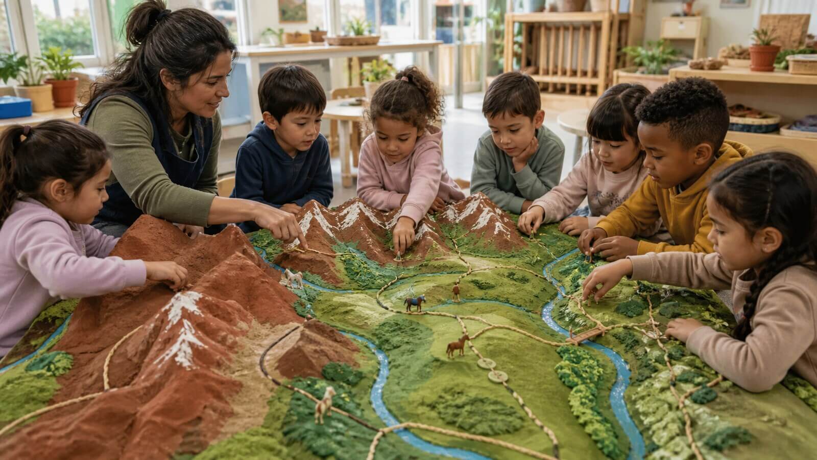 Niños exploran un mapa en relieve de Salta y Jujuy