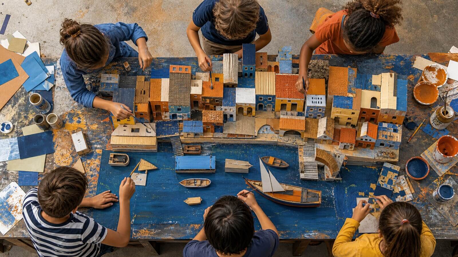 Producción visual infantil sobre puerto trabajo y movimiento