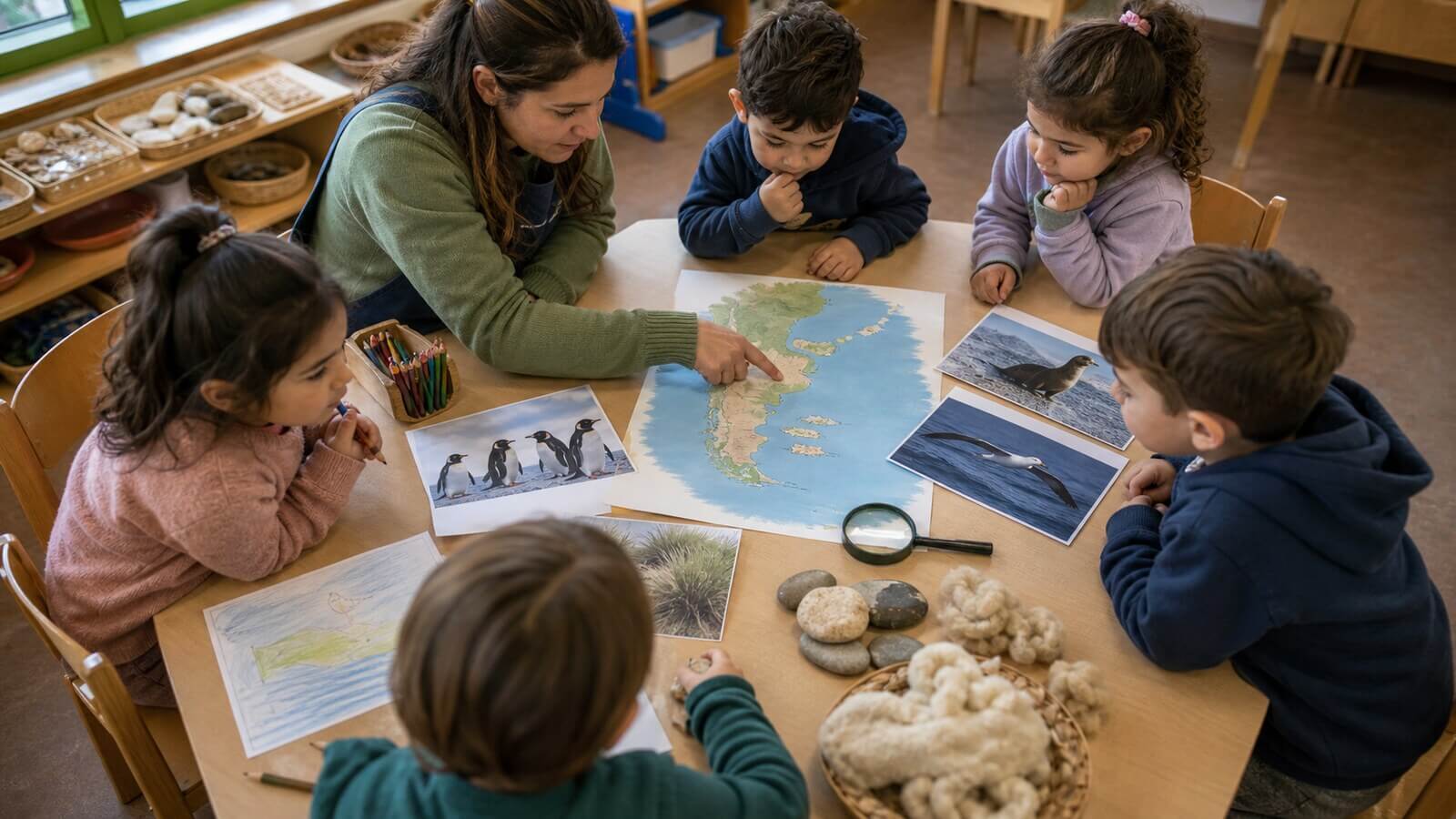 Investigación con mapa y biodiversidad de las Islas Malvinas en Nivel Inicial