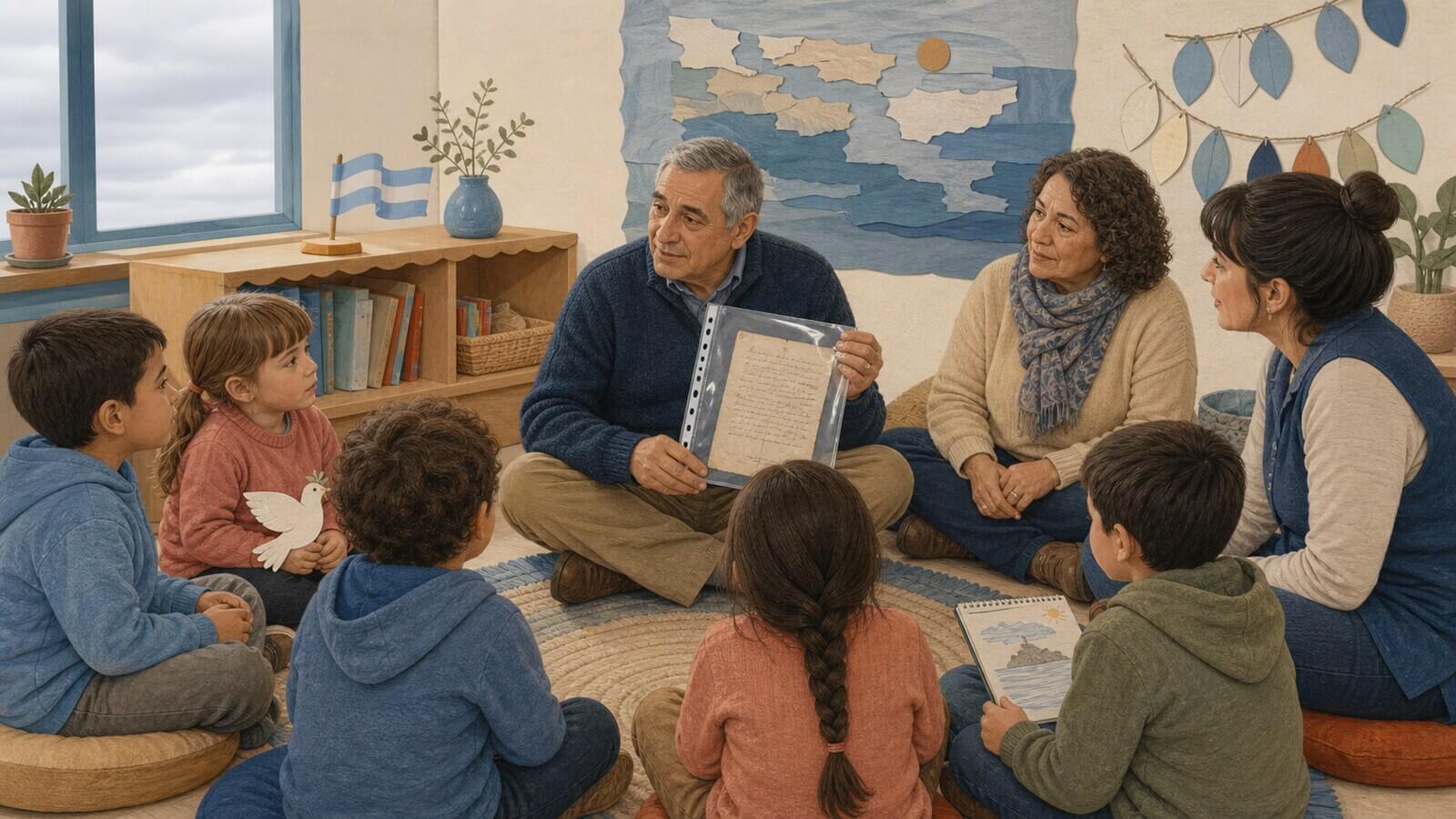 Encuentro con veteranos y testimonios de Malvinas en una sala de Nivel Inicial