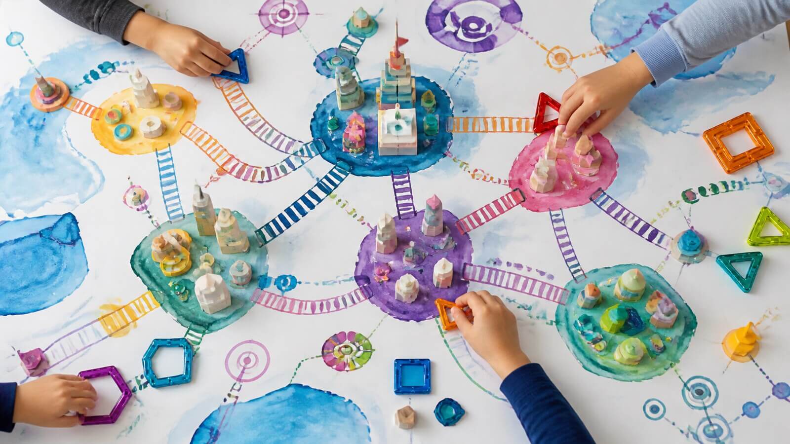 Construcción infantil con planos pasarelas símbolos y palabras inventadas