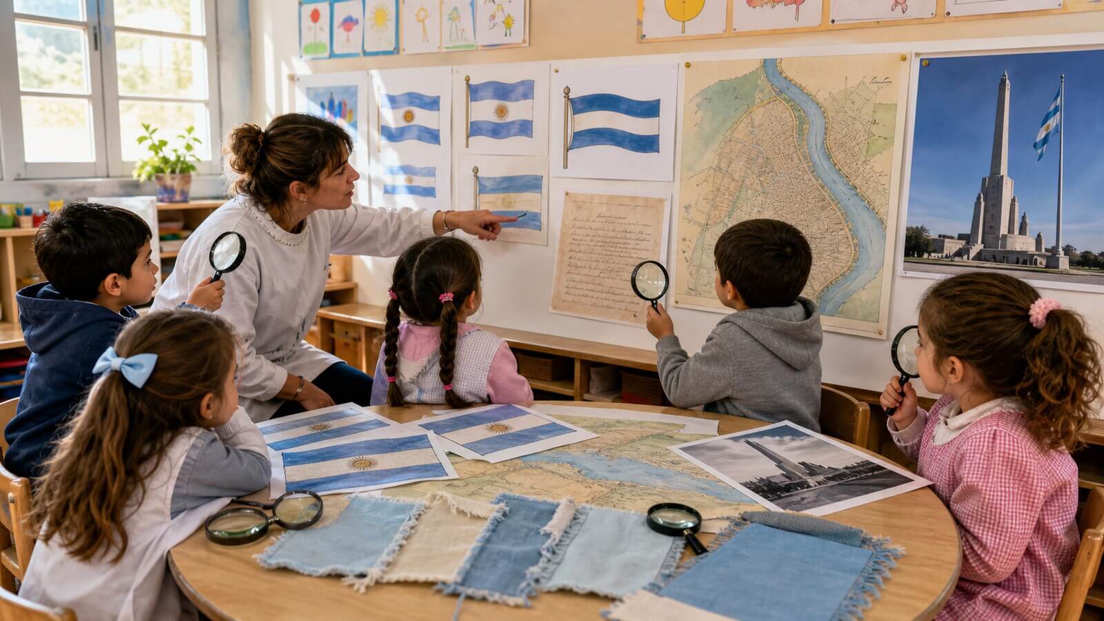 Niños comparan fuentes sobre la historia de la bandera