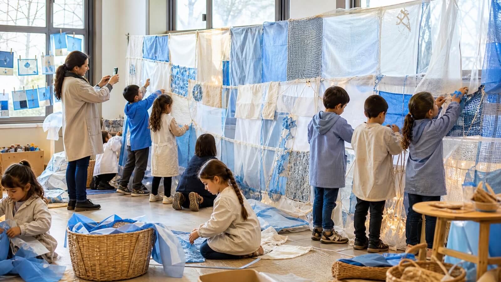 Instalación textil colectiva celeste y blanca en el jardín
