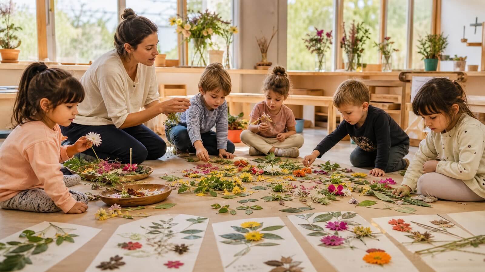 Arte floral en Nivel Inicial con flores pigmentos y composiciones efímeras