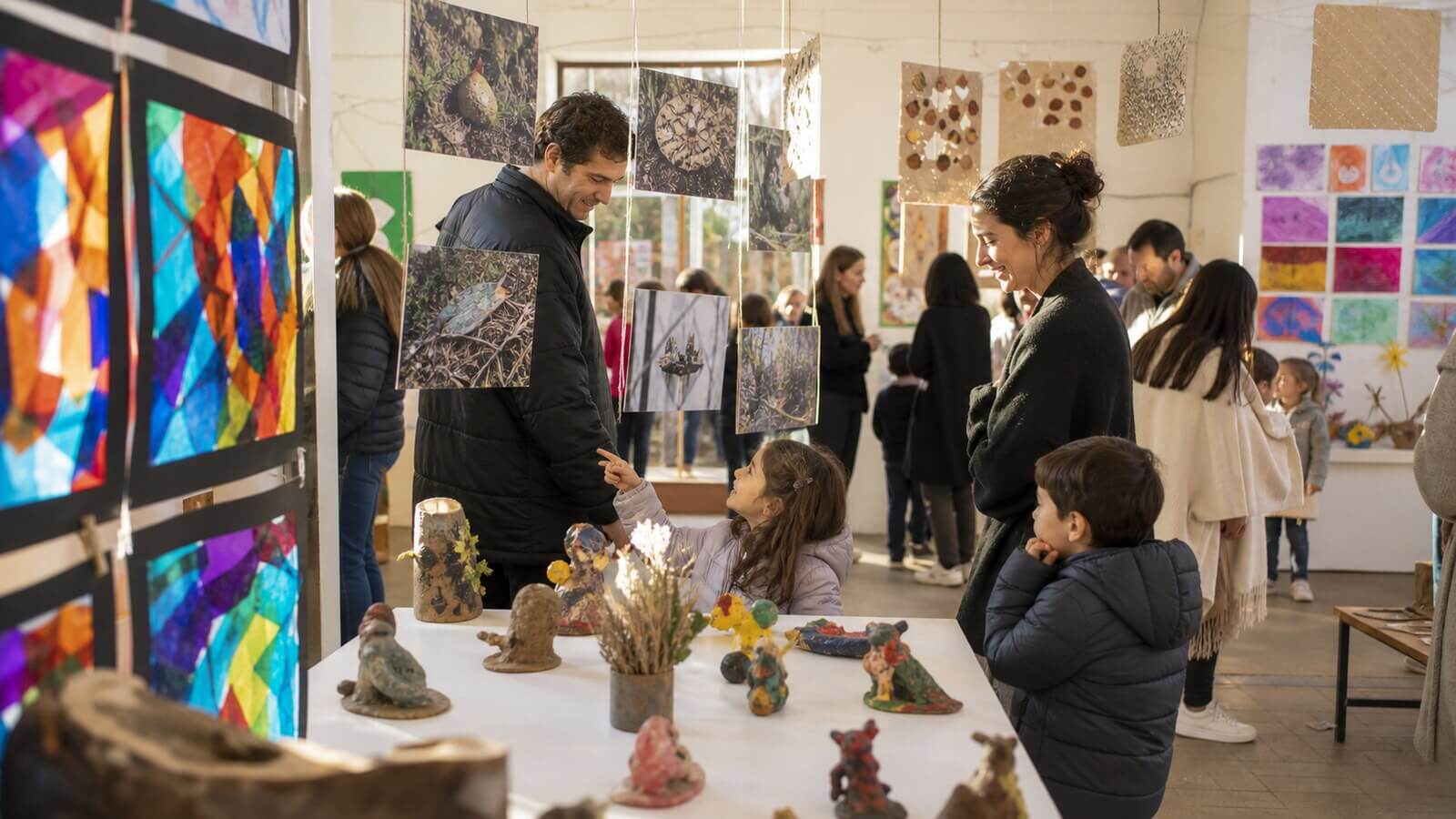 Muestra de vitrales esculturas y collages florales infantiles