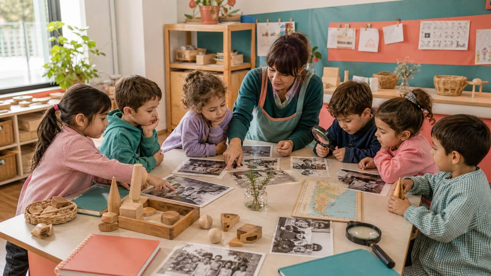 Niños investigan fotografías y objetos de la historia del jardín