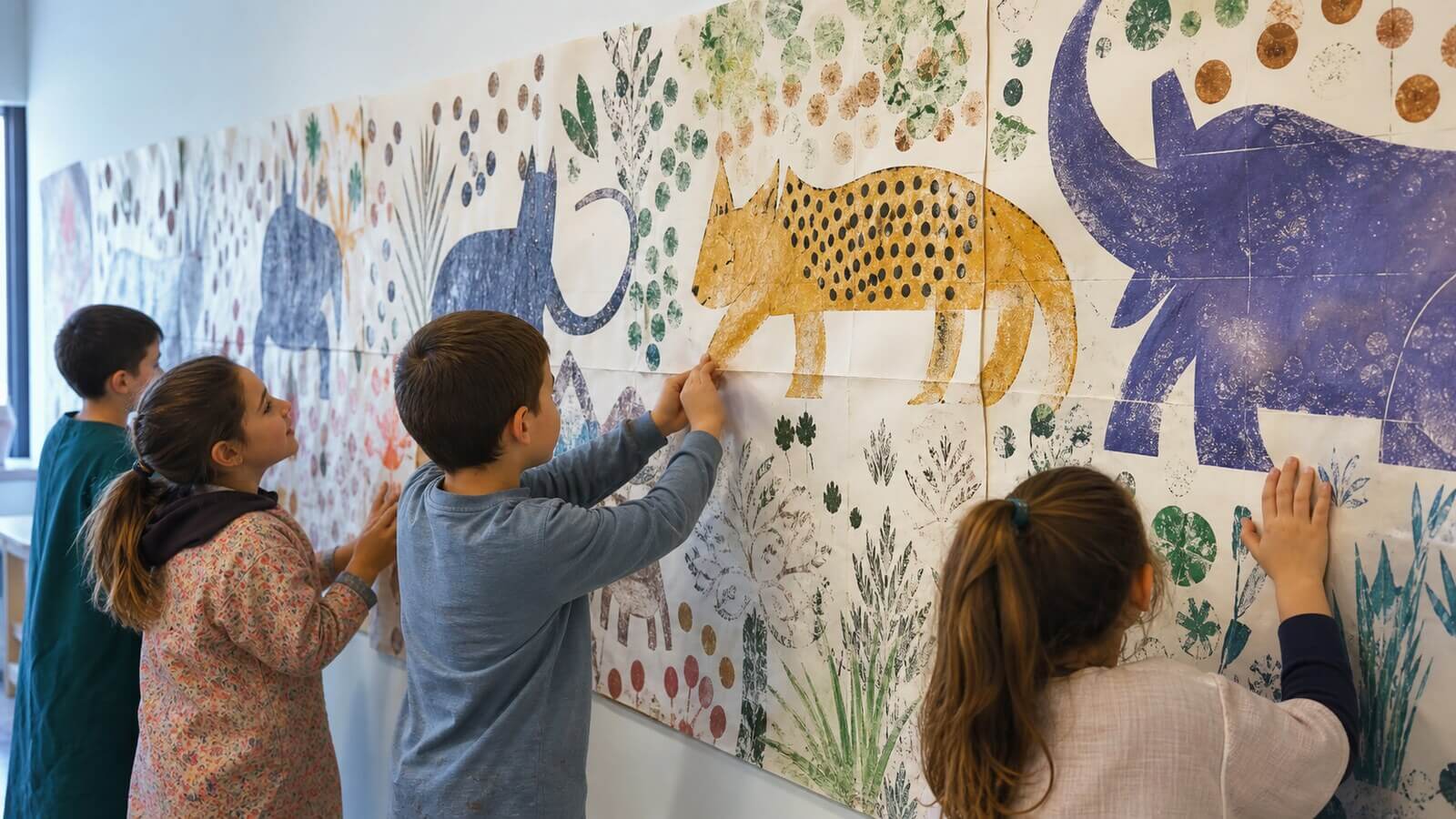 Mural colectivo infantil con fondos estampados y animales originales