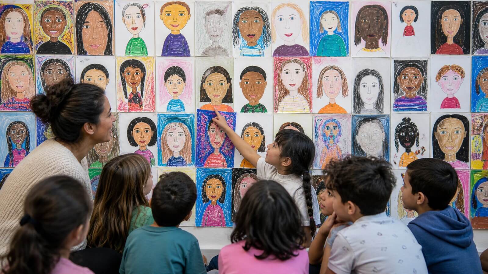 Mural colectivo de autorretratos infantiles diferentes