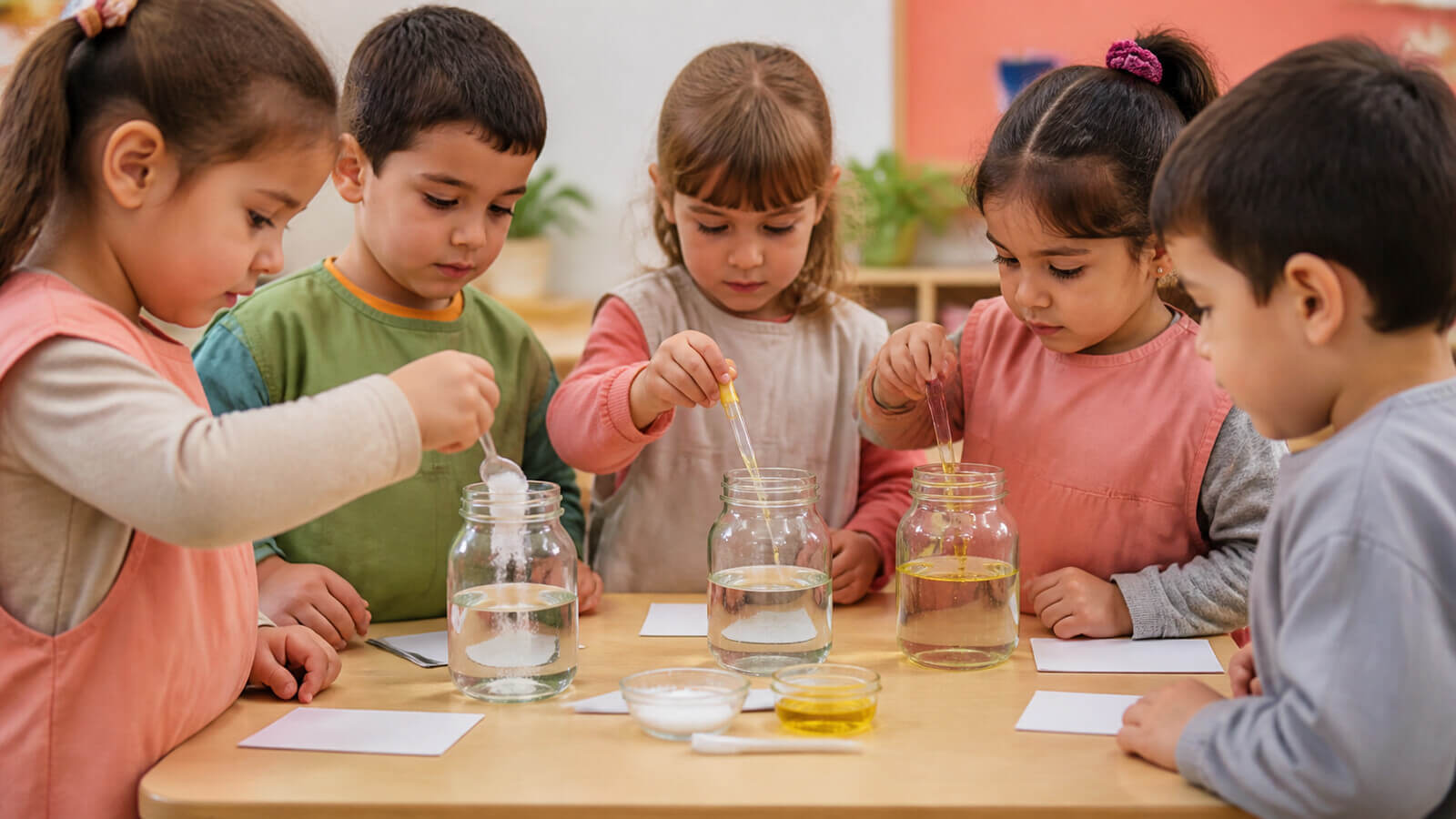 Grupo preparando mezclas de agua, sal y aceite con supervisión docente