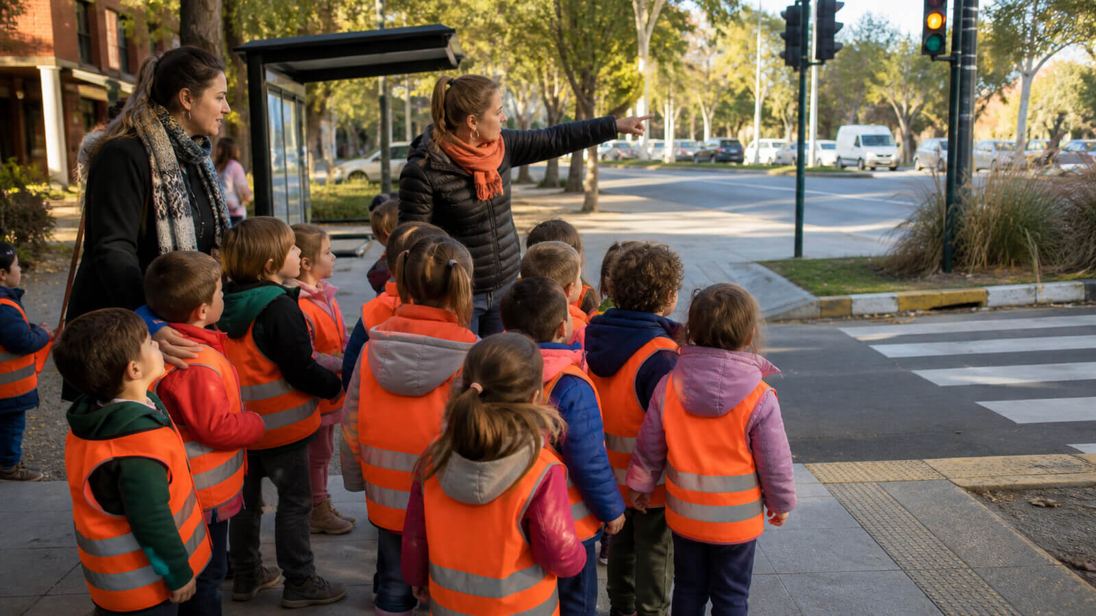 Grupo observando un cruce peatonal y una parada desde un lugar seguro