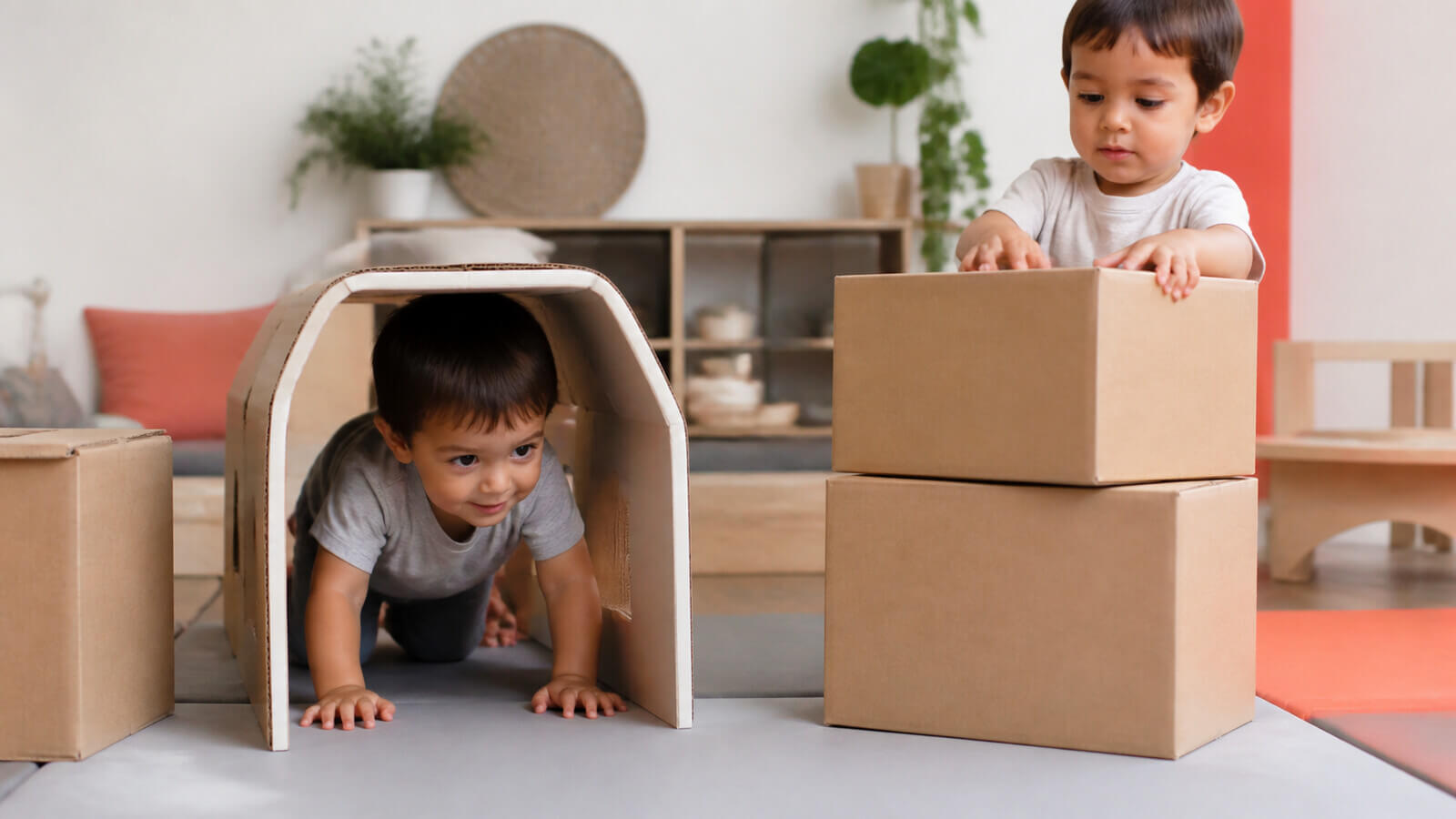 Niños explorando un túnel y una torre estable de cajas