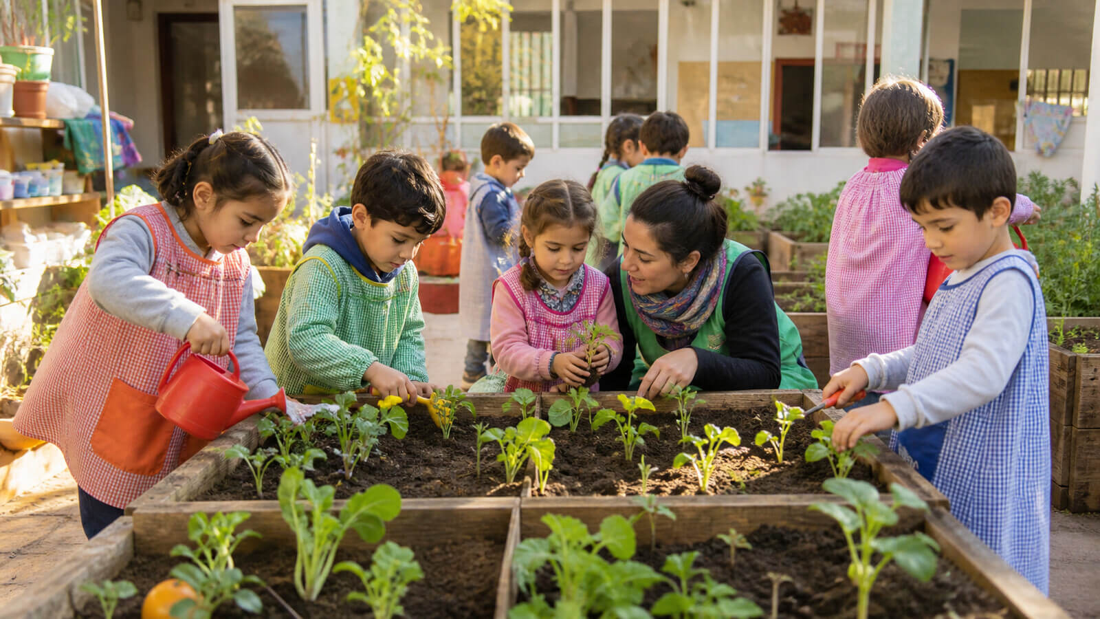 Grupo trabajando en canteros de una huerta escolar