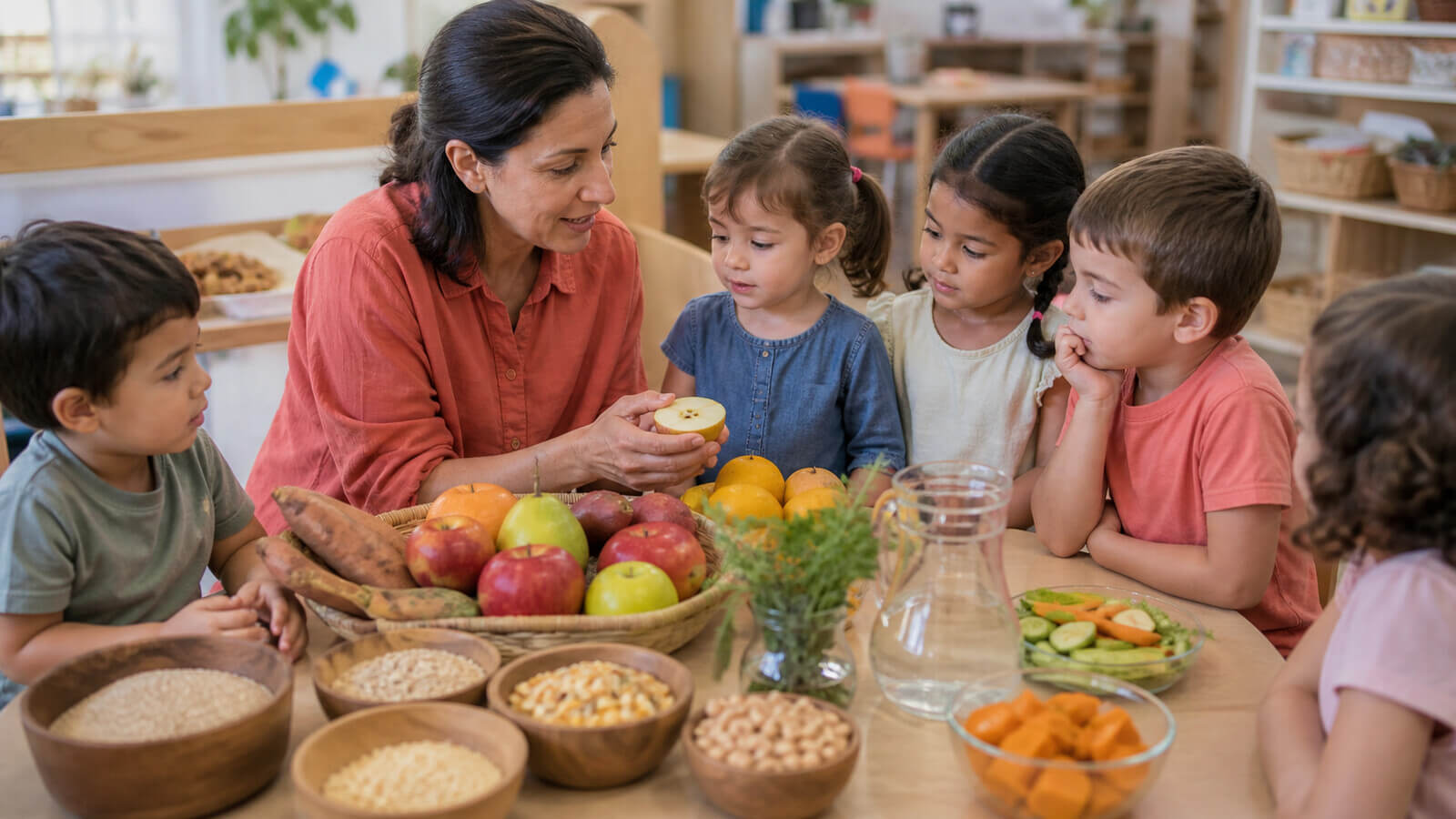 Grupo explorando una variedad de alimentos frescos en la sala