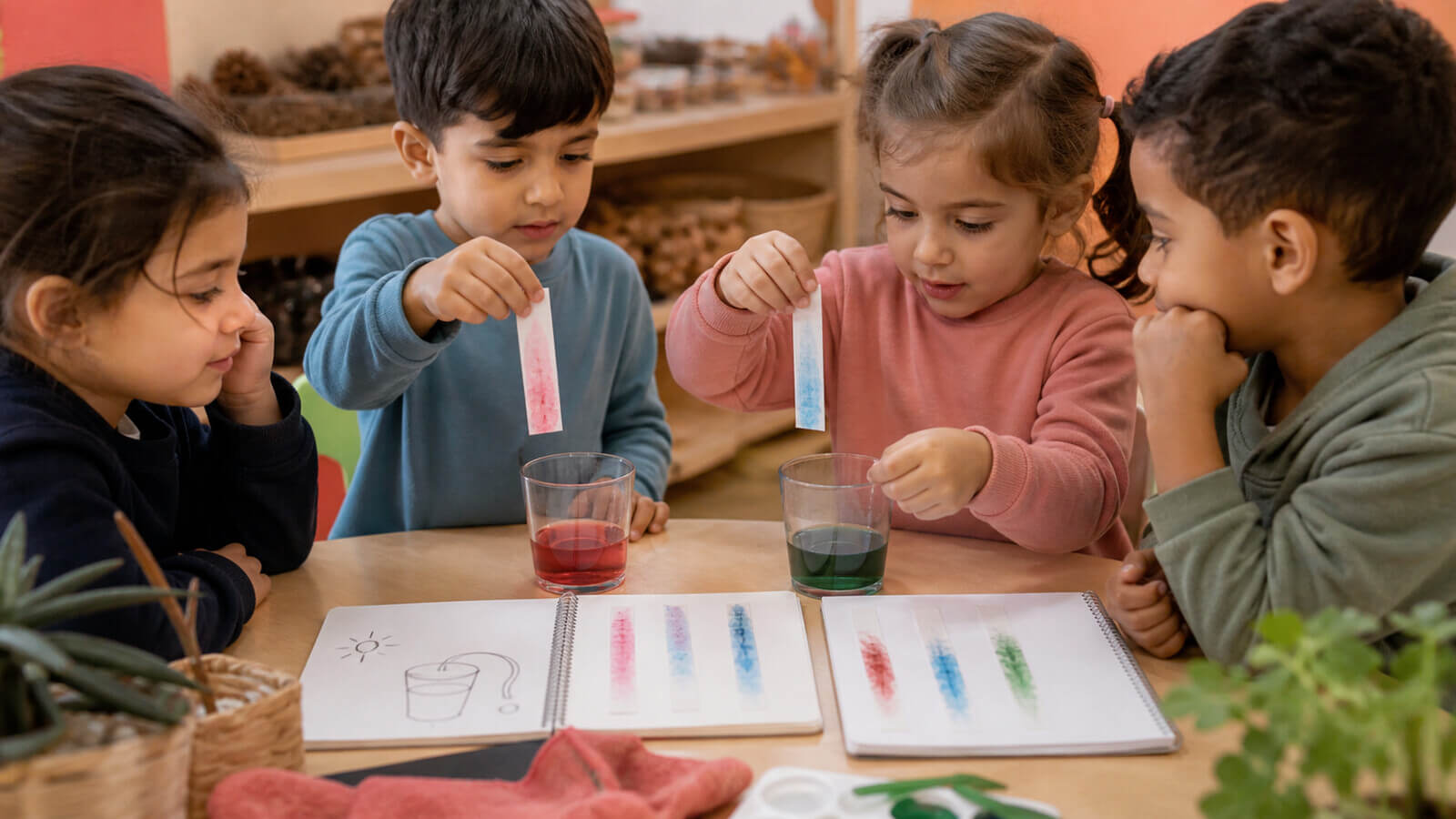 Niños comparando resultados de una experiencia de capilaridad