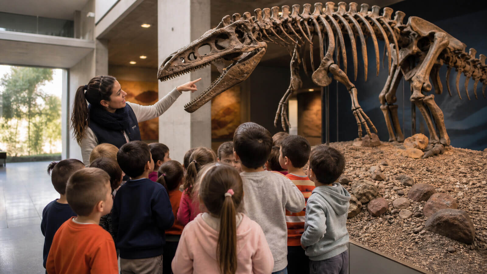 Grupo observando un esqueleto fósil de dinosaurio en un museo