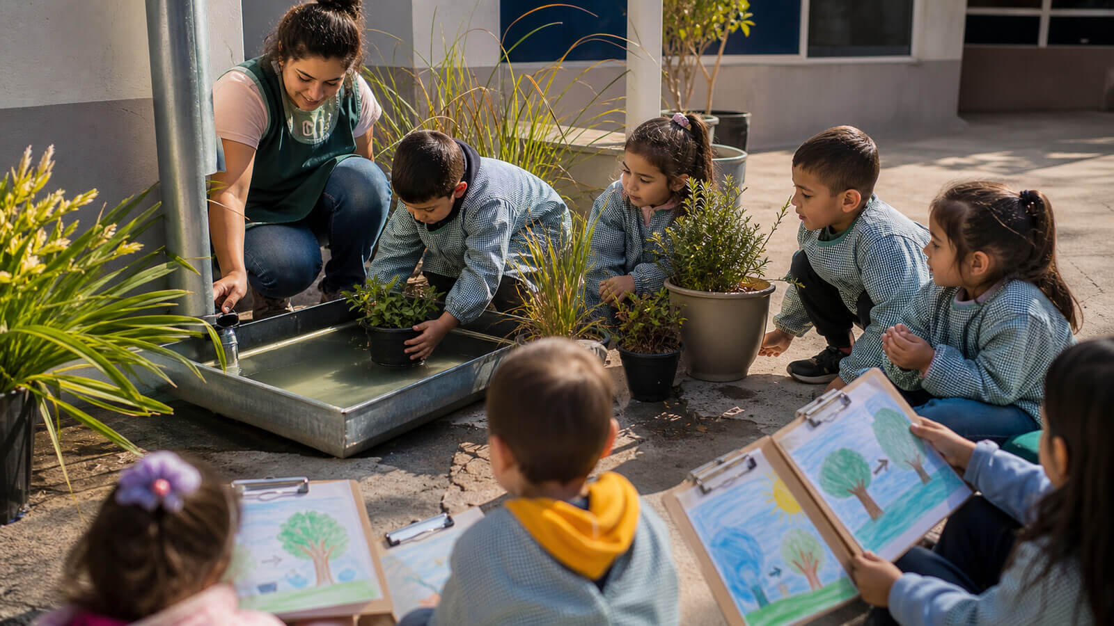 Acción ambiental con plantas y captación de lluvia