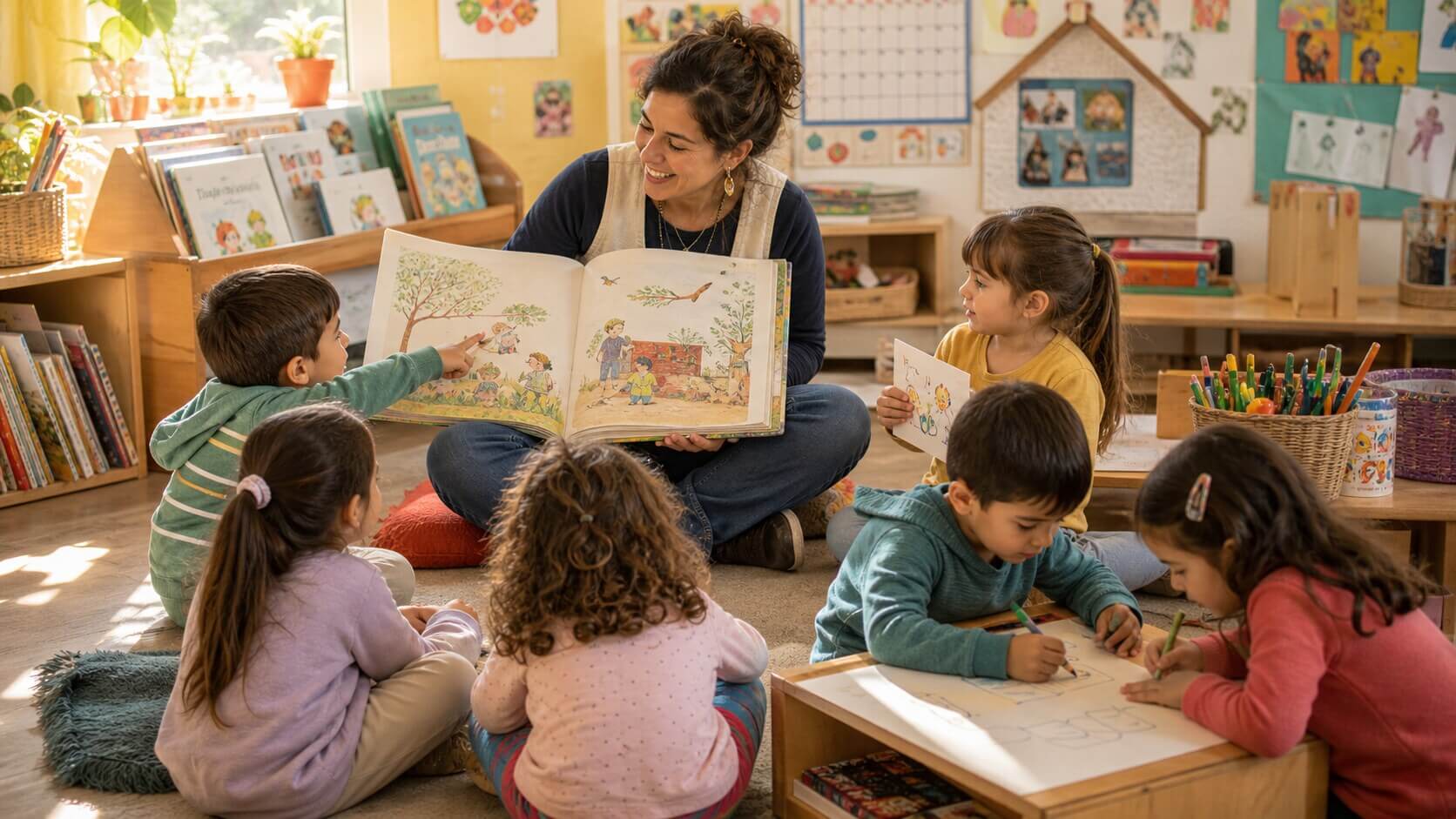 Docente y niños participando de prácticas de alfabetización en Nivel Inicial