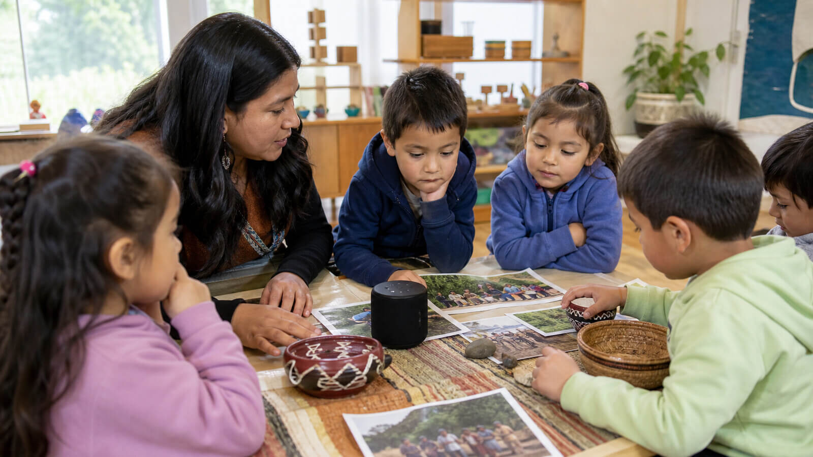 Niños escuchan una producción audiovisual de voces indígenas actuales