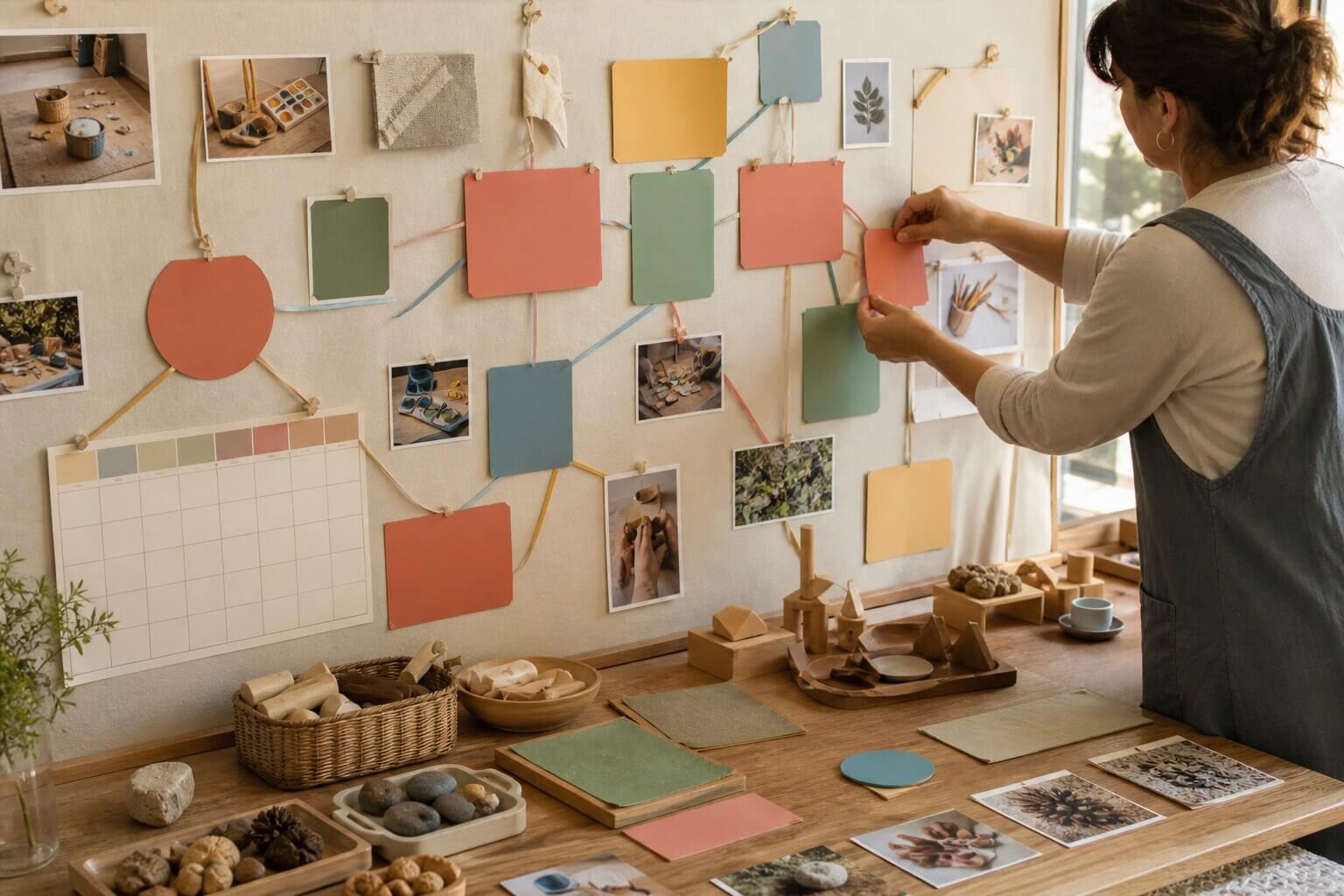 Docente organizando visualmente relaciones entre propuestas de Nivel Inicial