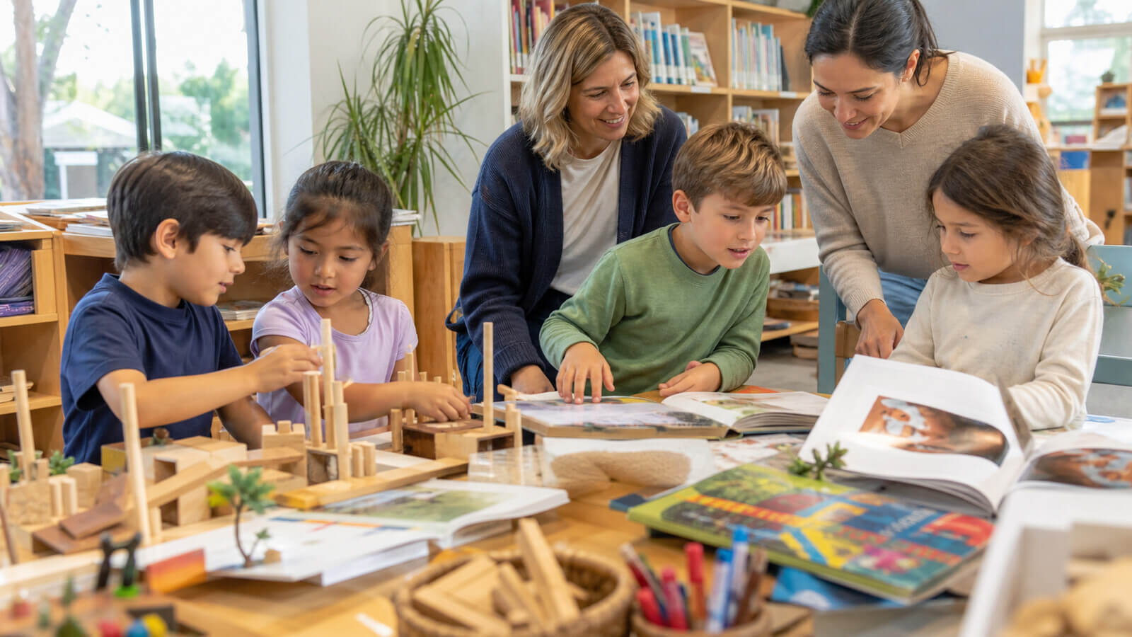 Niños explorando trasvases con herramientas y supervisión docente
