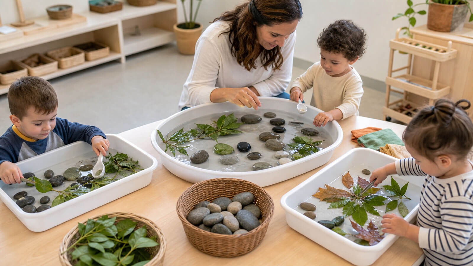 Bandejas sensoriales seguras con materiales naturales grandes