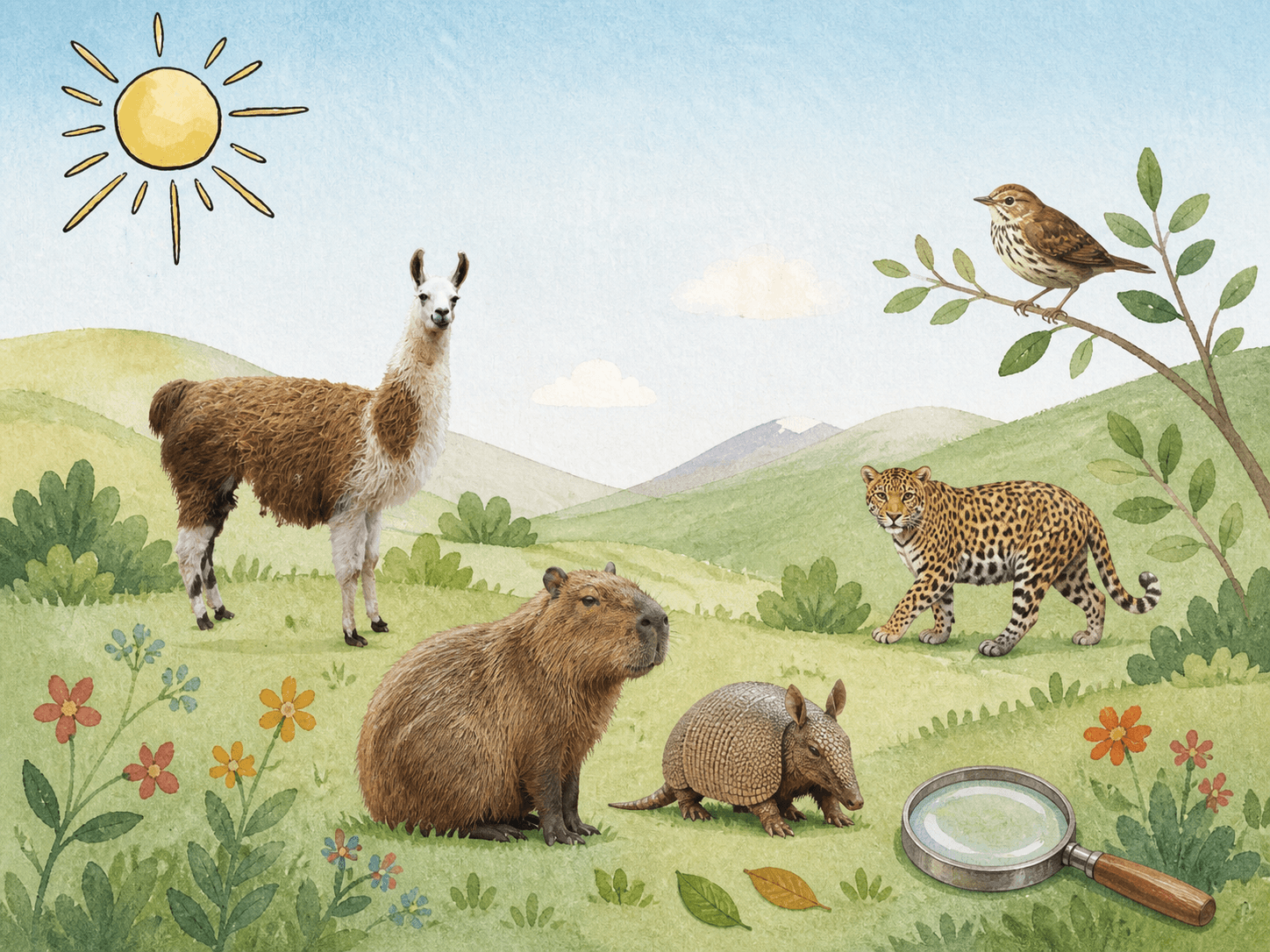 Animales autóctonos en un paisaje natural observados con una lupa