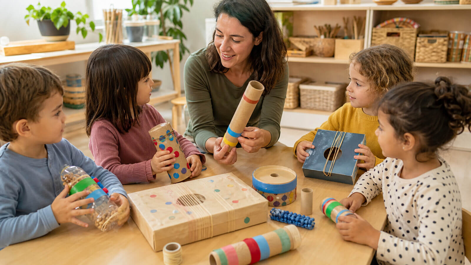 Niños construyendo cotidiáfonos seguros con una docente
