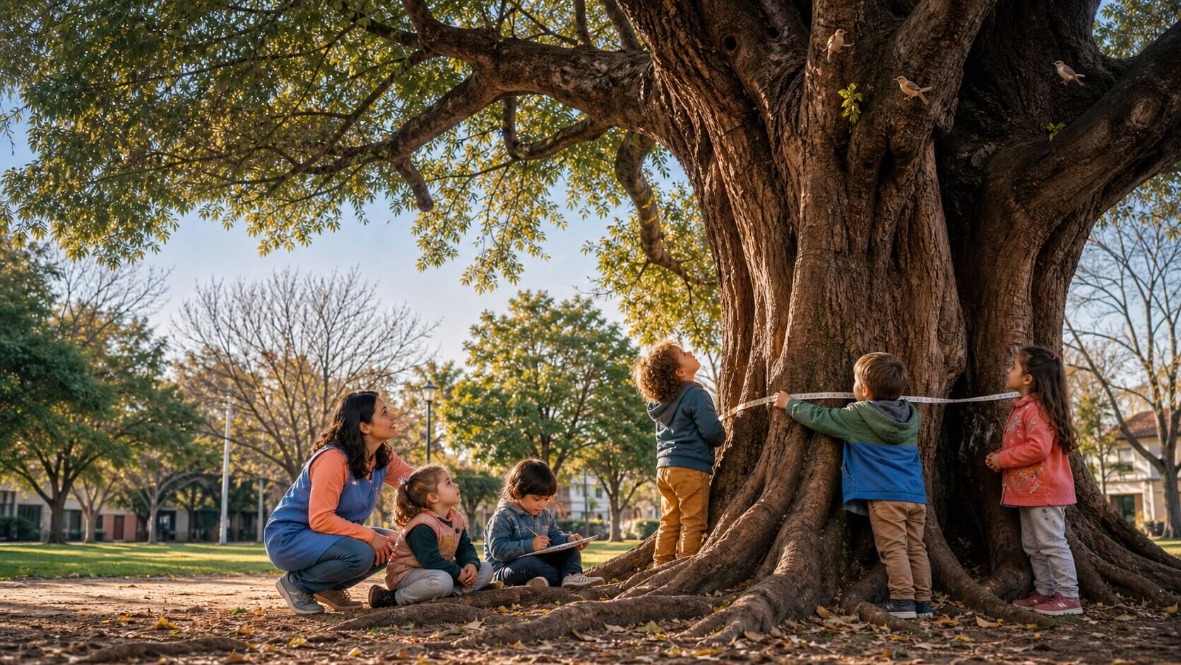 Día del Árbol en Nivel Inicial con niños investigando un árbol cercano