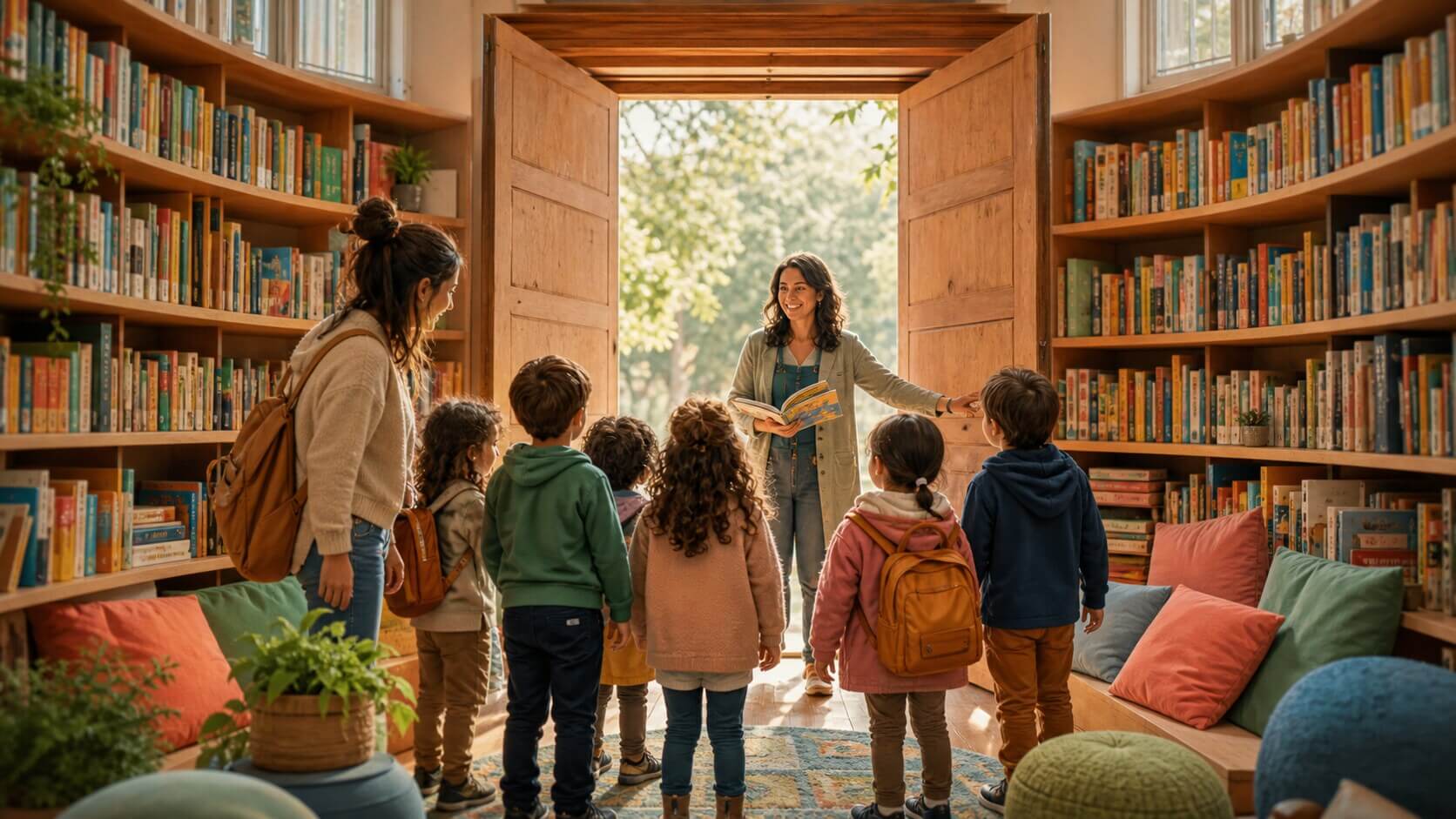 Bibliotecaria recibiendo a un grupo de Nivel Inicial en una biblioteca