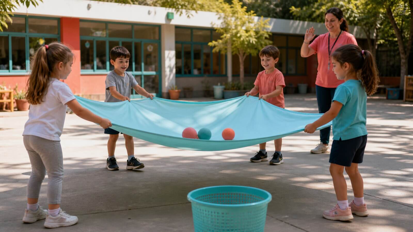 Juego motor cooperativo con tela y pelotas