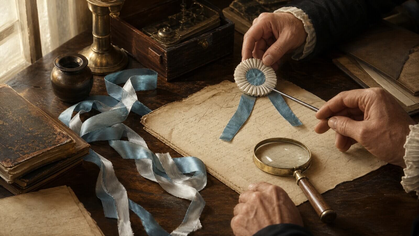 18 de mayo Día de la Escarapela: emblema celeste y blanco observado junto a documentos históricos