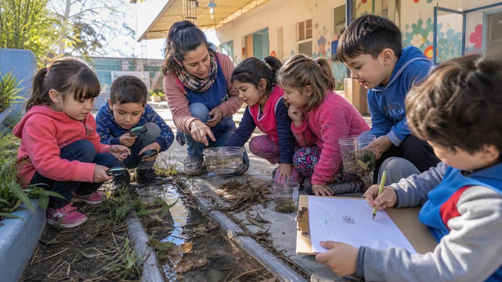 Niños y docente investigando agua y suelo en el ambiente