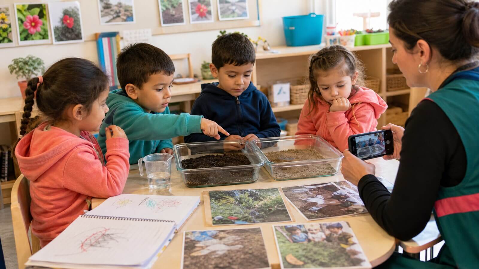 Niños comparando suelos y revisando registros