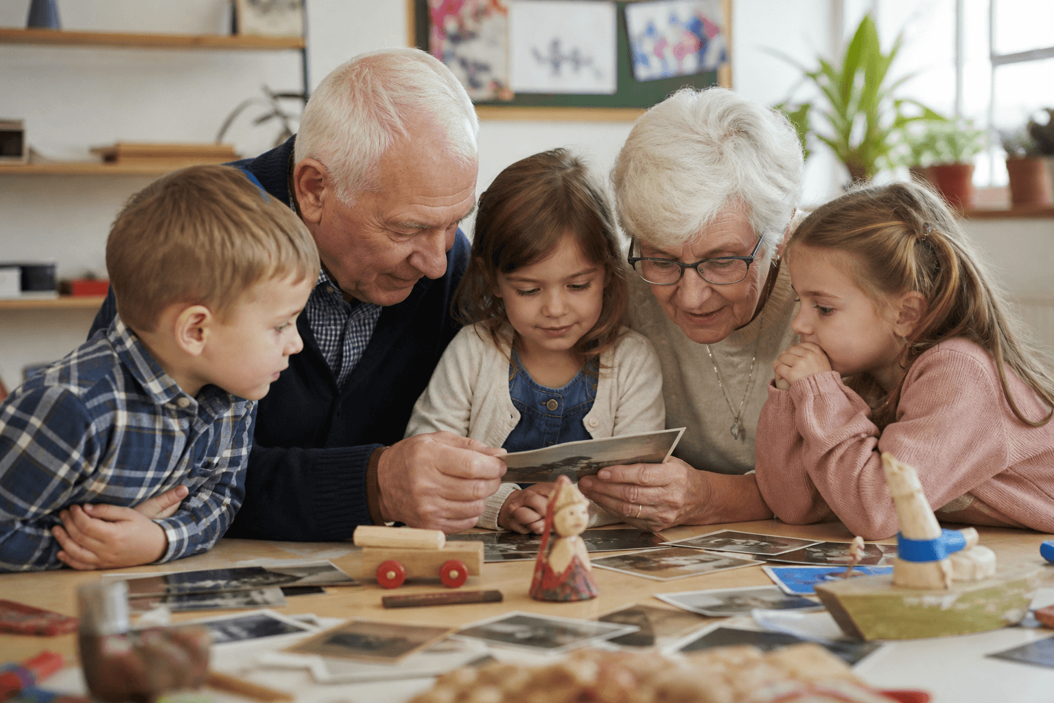 Abuelos y niños observando fotos y juguetes de distintas épocas
