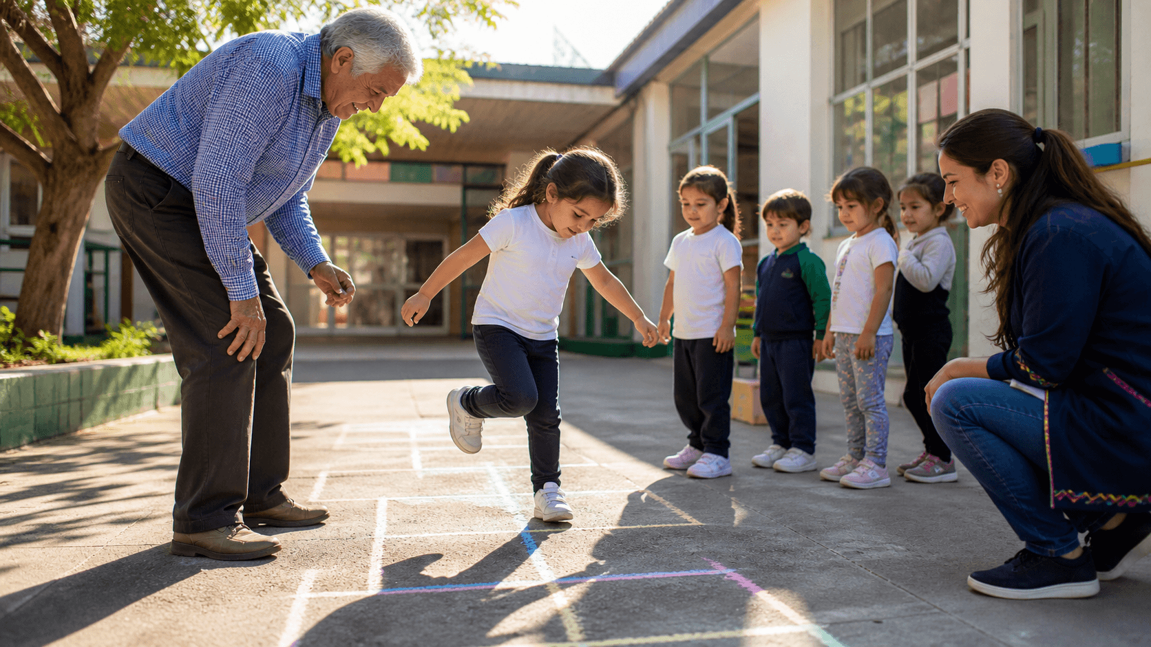Abuelo y niñas jugando a la rayuela en el patio del jardín