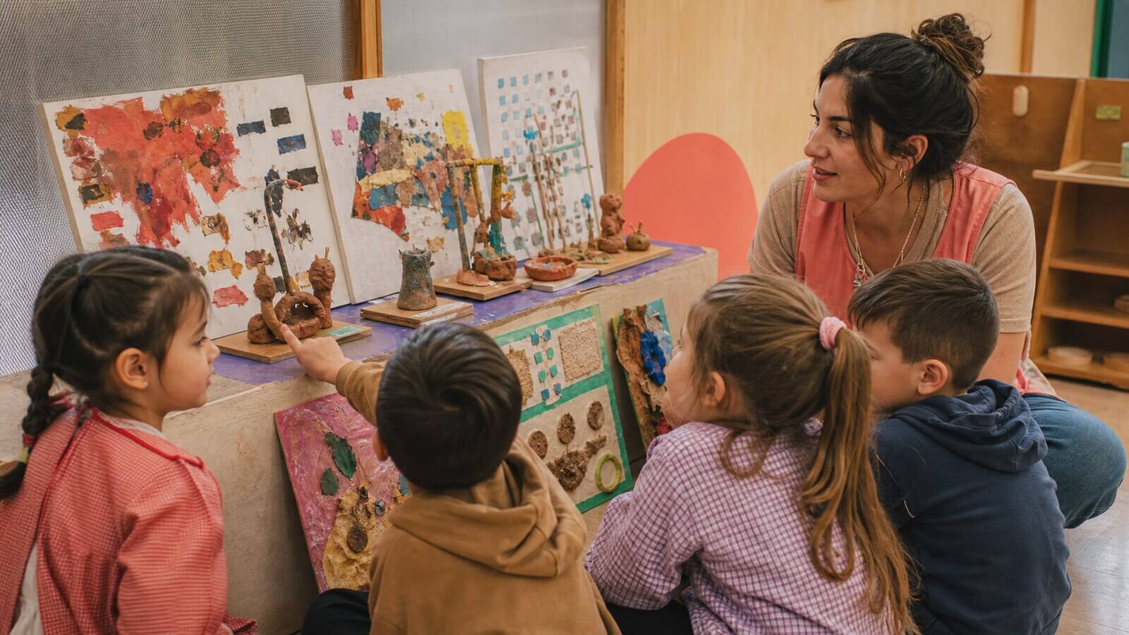 Niños y docente apreciando producciones artísticas