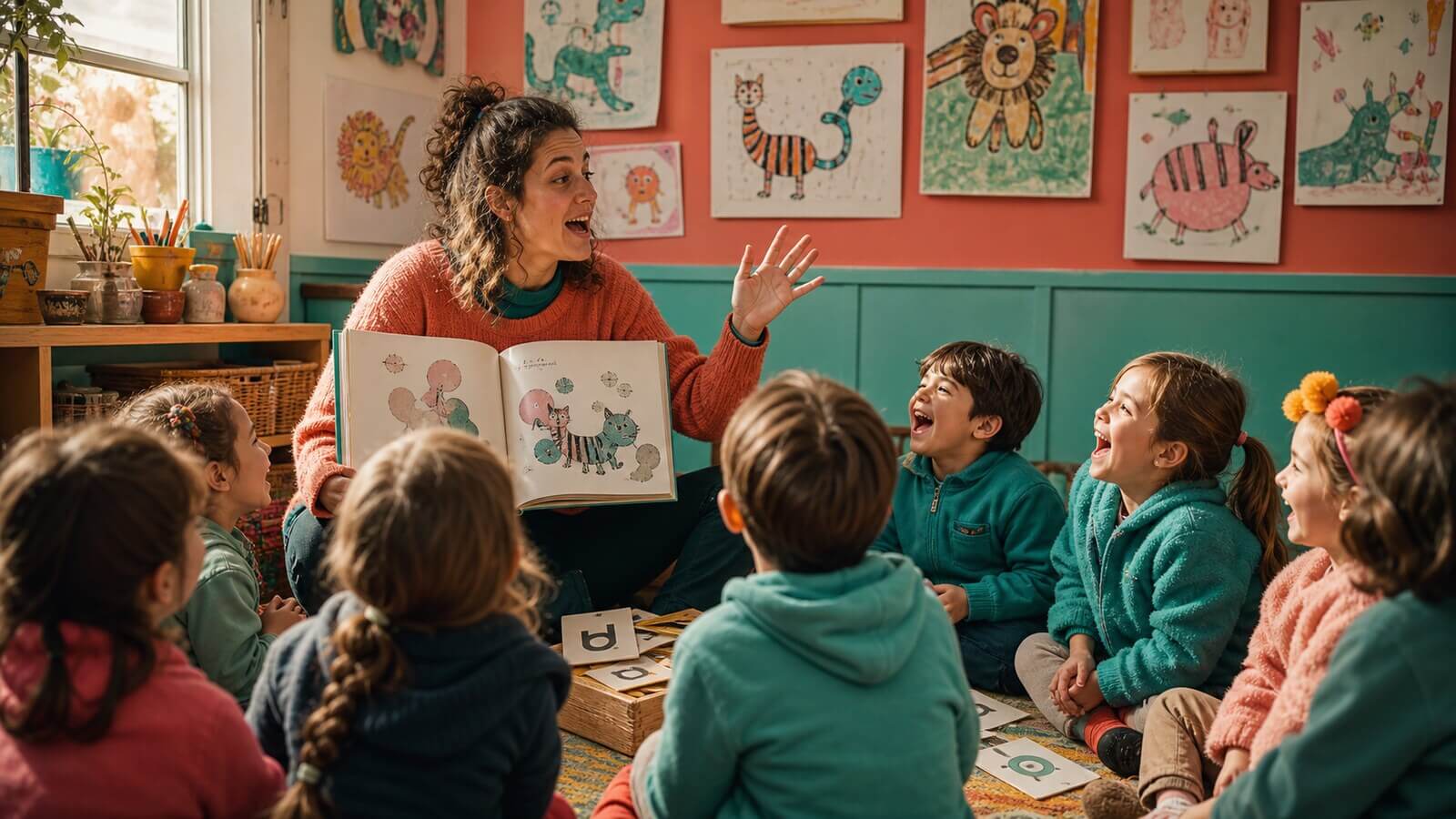 Docente recitando poesía humorística a un grupo de Nivel Inicial