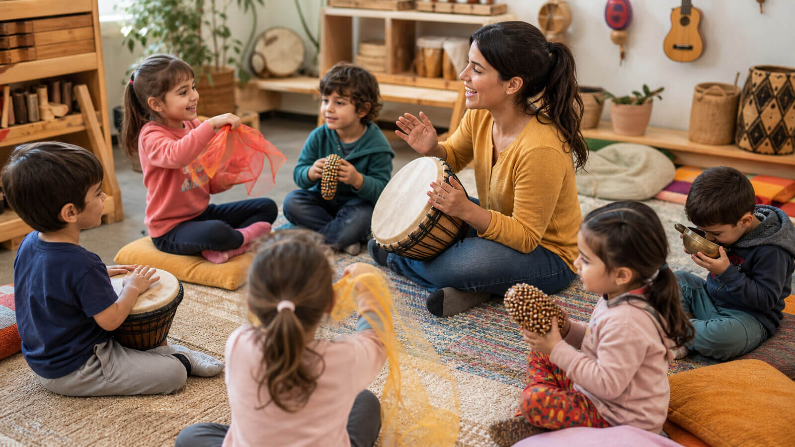 Docente y niños explorando música con instrumentos y movimiento