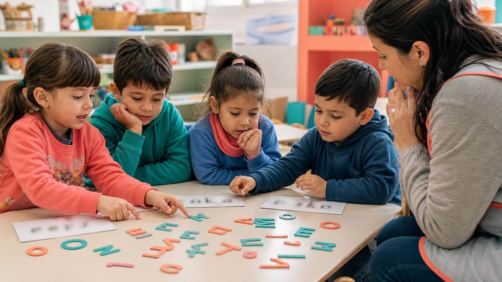Niños comparando carteles y letras de sus nombres