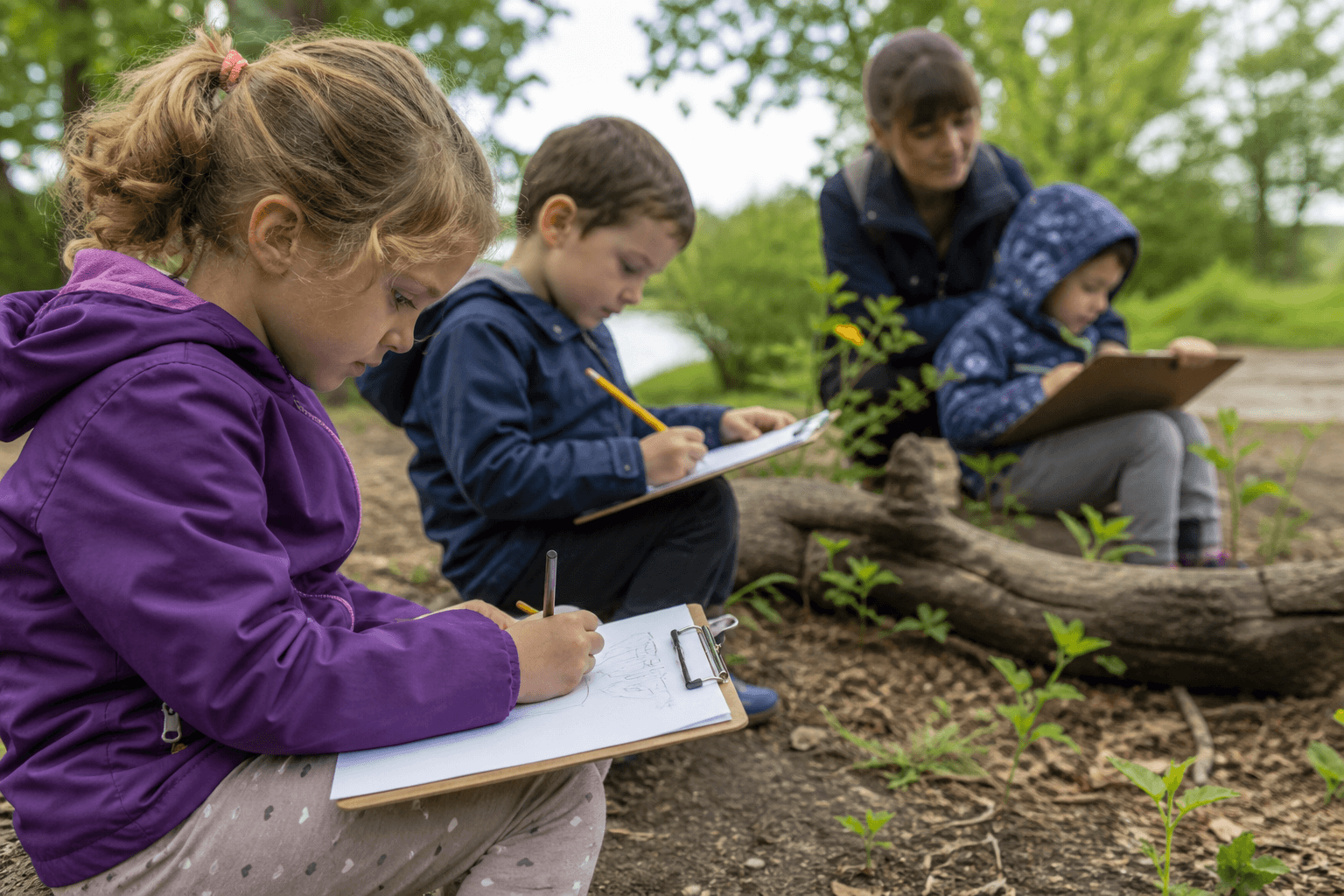 Niños registrando observaciones durante una salida al ambiente