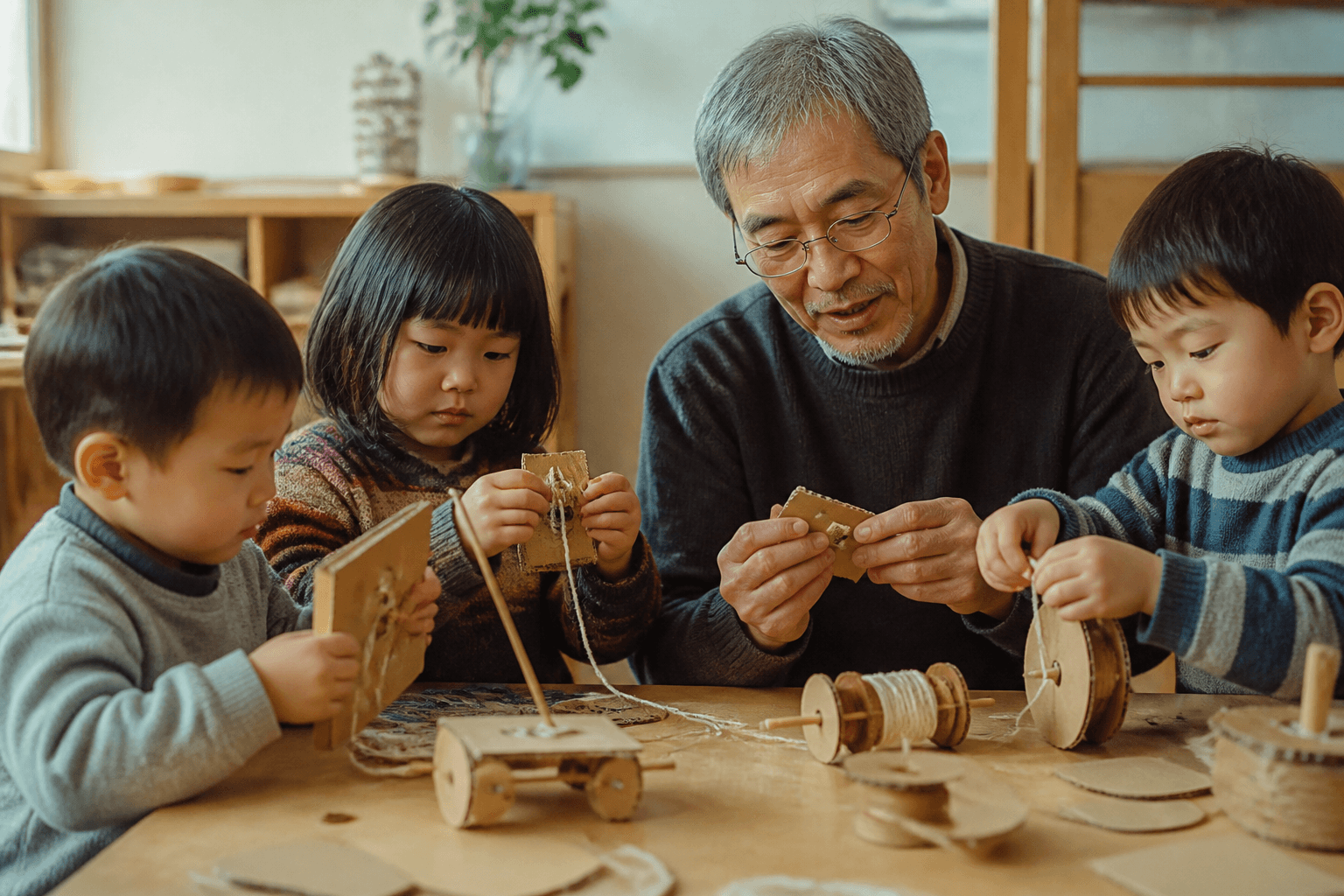 Familiares y niños construyendo juguetes caseros con materiales simples
