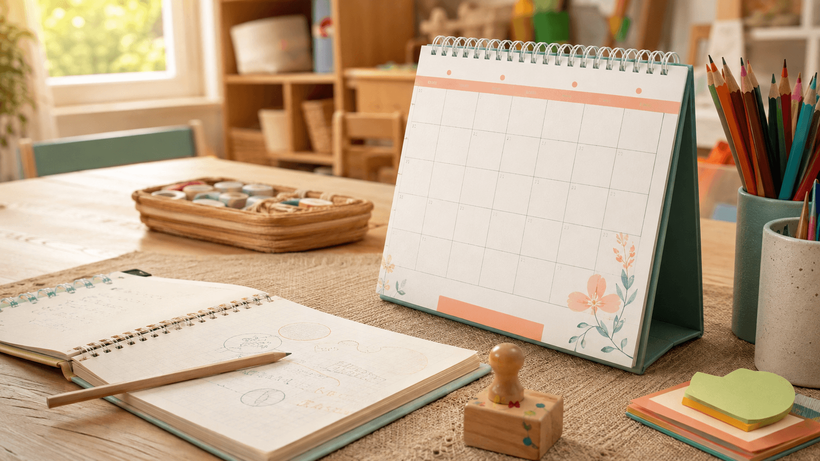 Calendario docente sobre una mesa de planificación de Nivel Inicial