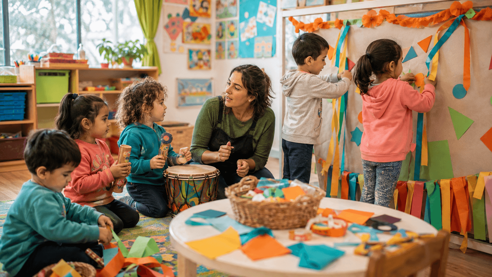 Docente y niños exploran ritmos y construyen un estandarte de Carnaval en el jardín