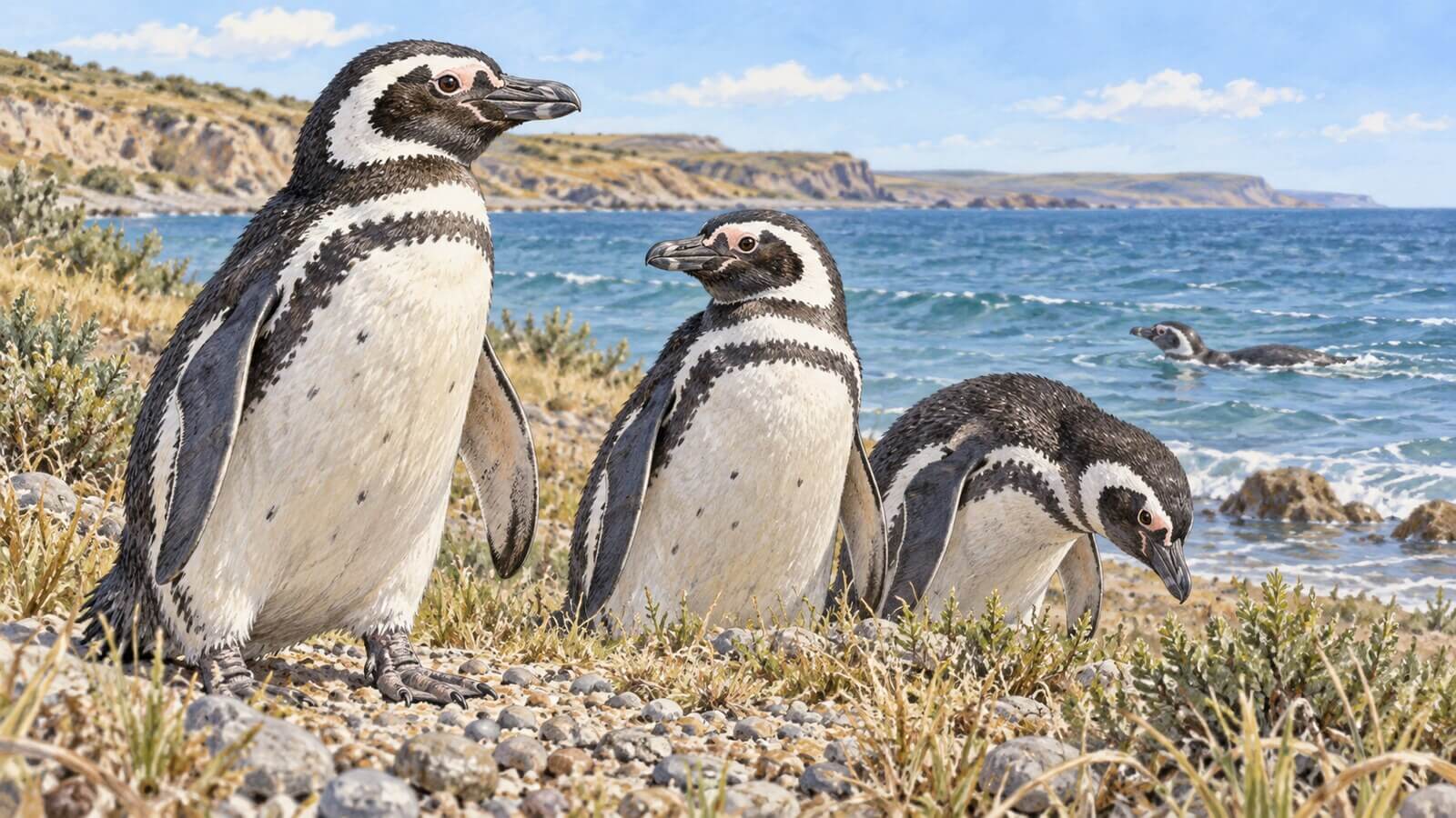 20 de enero: pingüinos en Nivel Inicial, aves que nadan y ambientes para investigar Ilustración de pingüinos de Magallanes en un ambiente costero patagónico