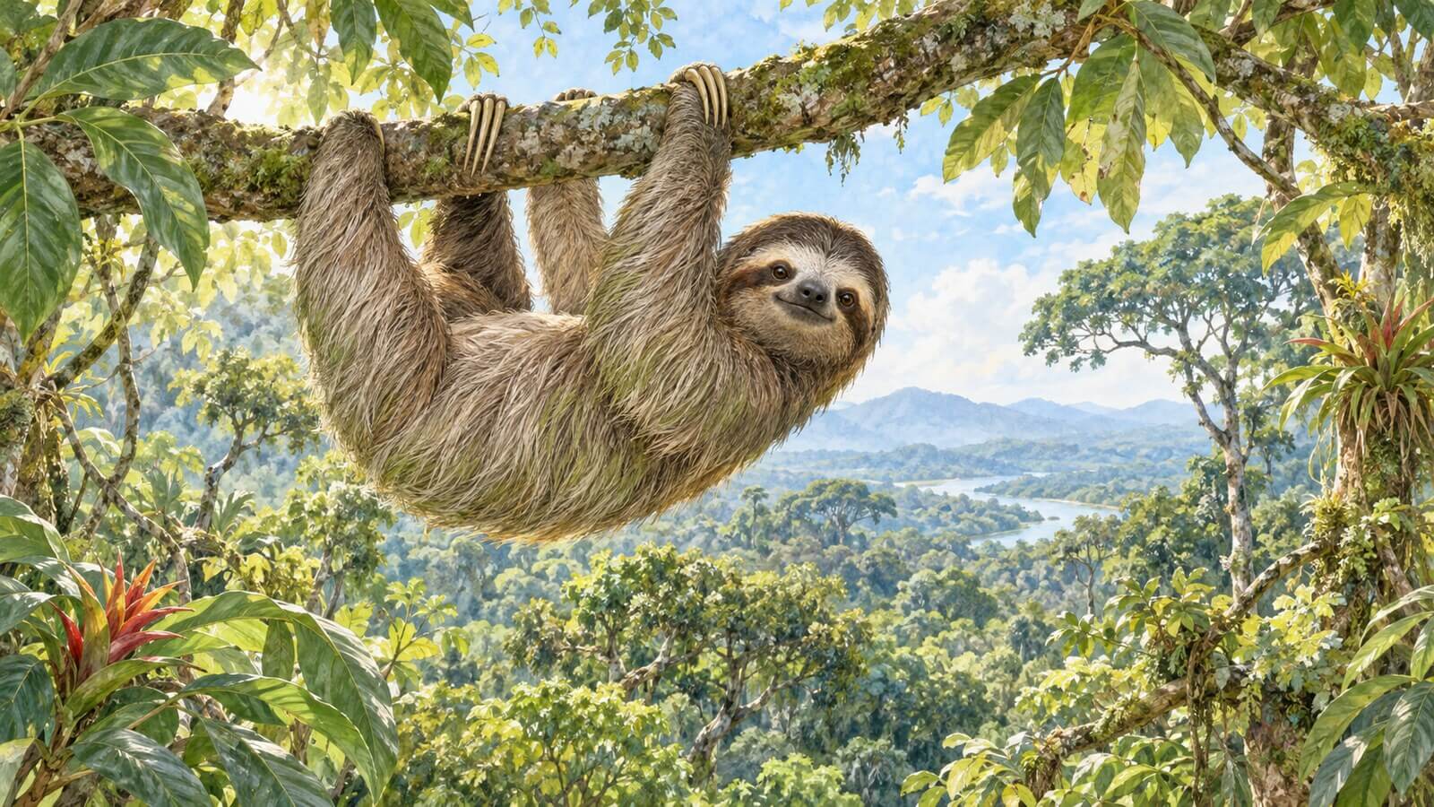 Ilustración de un perezoso sostenido de una rama en un bosque tropical