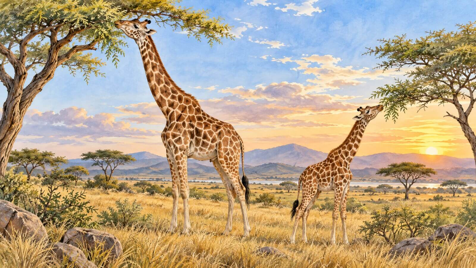 21 de junio: Día Mundial de la Jirafa en Nivel Inicial, observación y medida Ilustración de dos jirafas que alcanzan hojas en la sabana africana