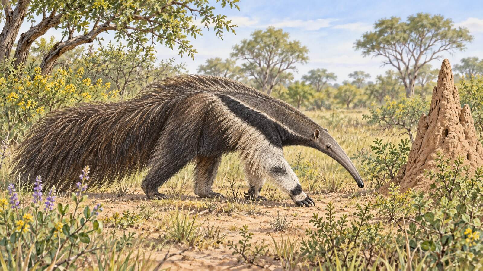 Ilustración de un oso hormiguero gigante en un paisaje de pastizales y monte